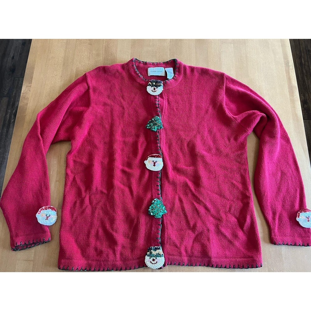 Vintage Lemon Grass XL Christmas Cardigan Santa Sequin Buttons Ramie Cotton Red